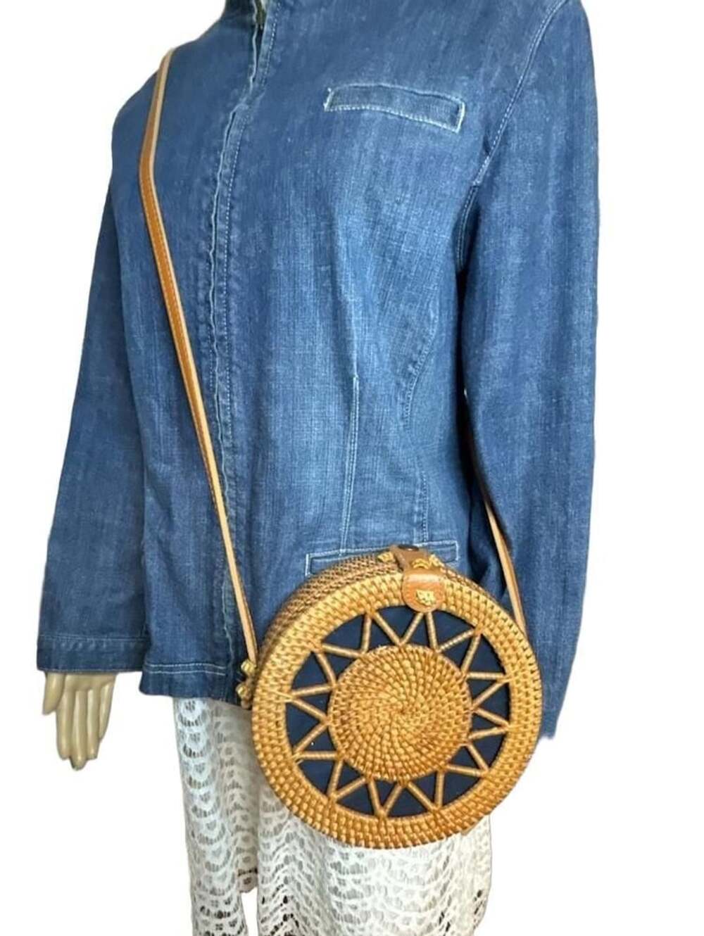 MyMetier Round Rattan Crossbody Bag Brown Woven Straw Sun